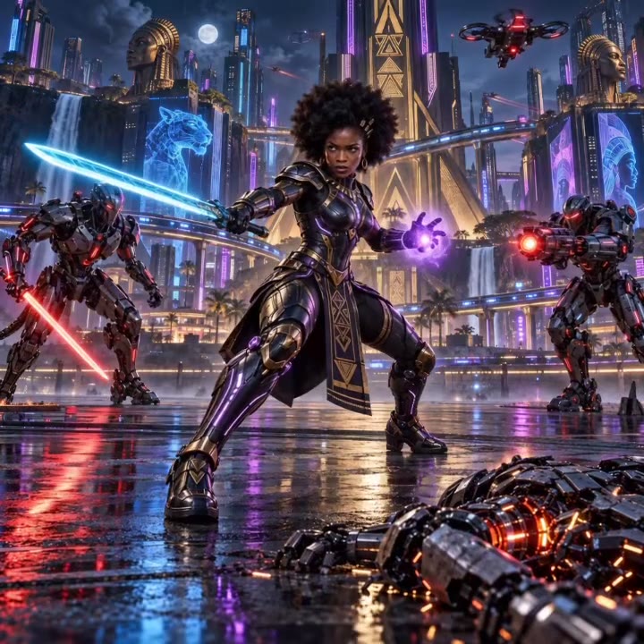 Still from the Purple Rain demo film: a warrior queen with a glowing blue blade and a purple blast, robots closing in around her in a neon city